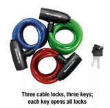 Master Lock 8127TRI 6 ft. Long Bike Lock Cable with Key, Assorted Colors, 3 Pack Keyed-Alike